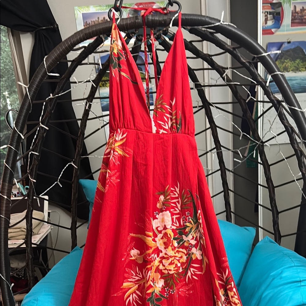 Vibrant Red Floral Maxi Dress